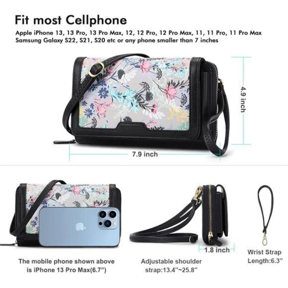 Women Crossbody Wallet Purse, RFID Card Holder Wristlet Clutch 2 Straps - Picture 6 of 6